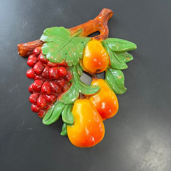 Chalk Ware Fruit Wall Plaque, Vintage Yellow Pears and Red Grapes Wall Art 13” by 11” by Home Decor Associates, INC