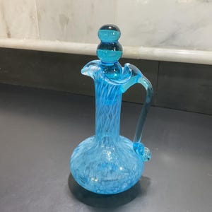 Aqua-Blue Hand Blown Glass Cruet by Rainbow Art Glass Company Double Bobble Glass Stopper End-Of-Day Glass Blue with White Dots