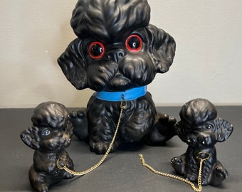 Brinn’s Big Eyed Black Poodle Set, Mother Dog and Two Puppies on Gold Tone Chain in an Original Brinn’s Box Made in Japan