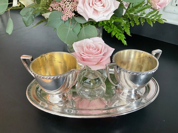 Vintage Silverplate Creamer and Sugar Bowl by Wm Rogers, Tray by Benedict