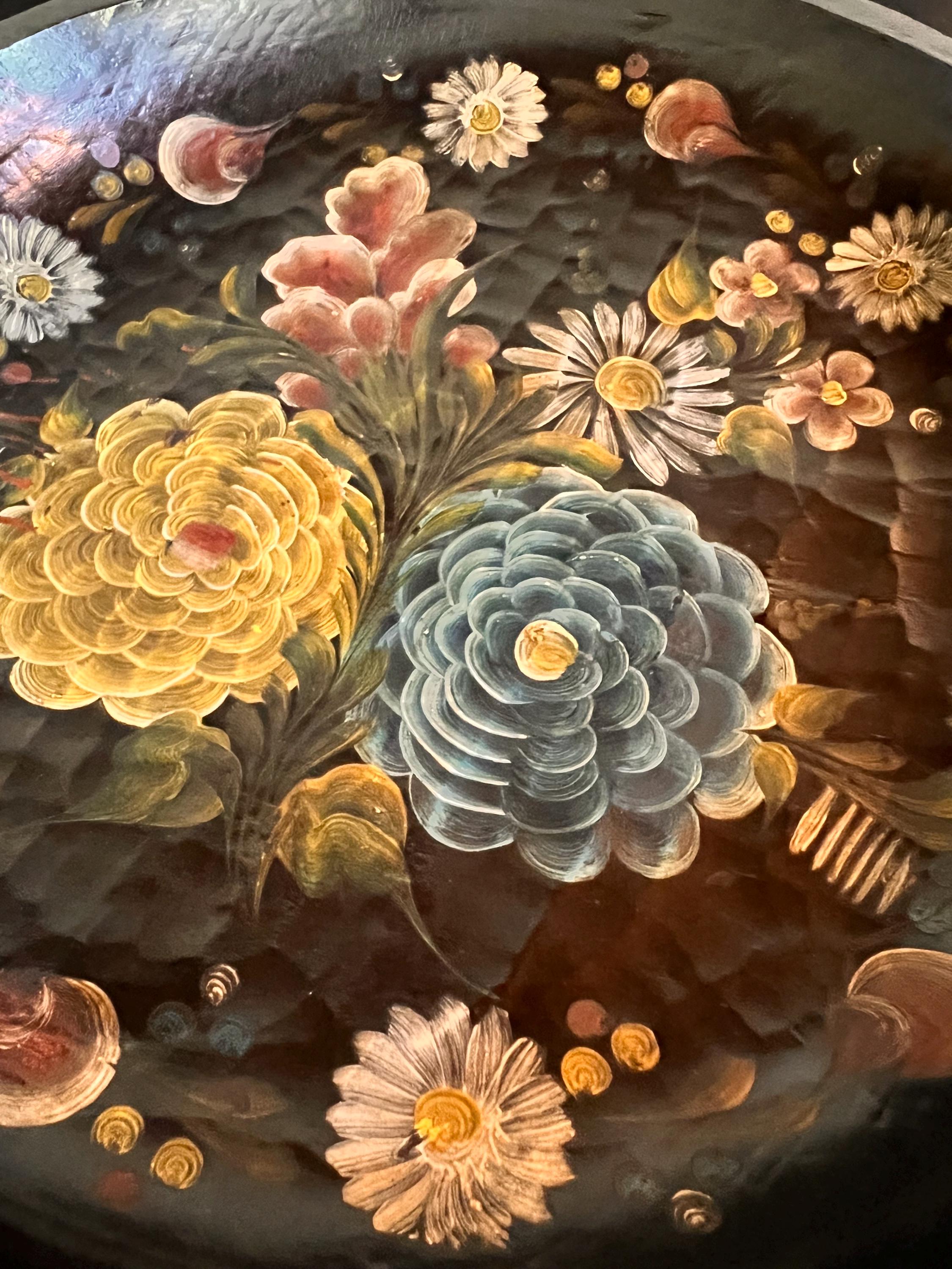 Mexican Floral Hand Painted Wooden Batea, Hand Carved Serving Tray