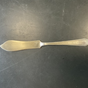 May include: A silver butter knife with an ornate handle and a pointed blade.