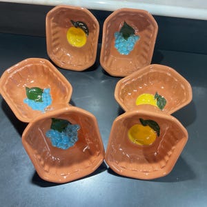 May include: Six terracotta-colored ceramic bowls. Each bowl has a unique fruit design: yellow lemons, and blue grapes. The fruit designs are painted in the center of each bowl. The bowls are ideal for serving snacks or dips.