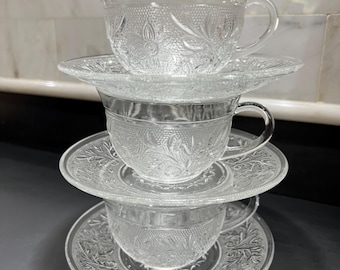 Anchor Hocking Sandwich Pattern Cups & Saucers Set of 3