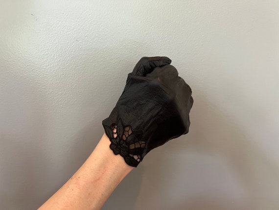 Vintage Black Kid Leather Gloves with Cutwork at … - image 6