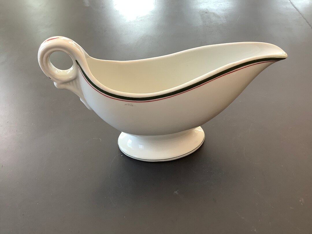 Vintage Sauce Boat White Hotel Ware with Green and Red Stripe John ...