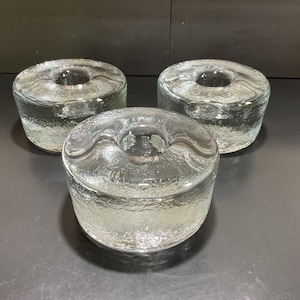 Blenko Clear Round Single Candle Holders Set of 3 Puck-Style Hand Blown Taper Candle Stick Holder
