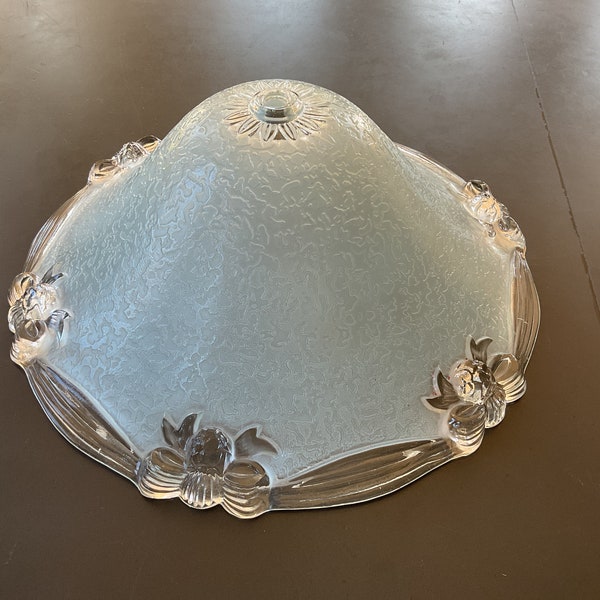 Vintage Glass Lamp Shade, Ribbon Garlands and Bows, Textured Pale Blue Glass, 1940s Light Shade, 12 Inch Diameter