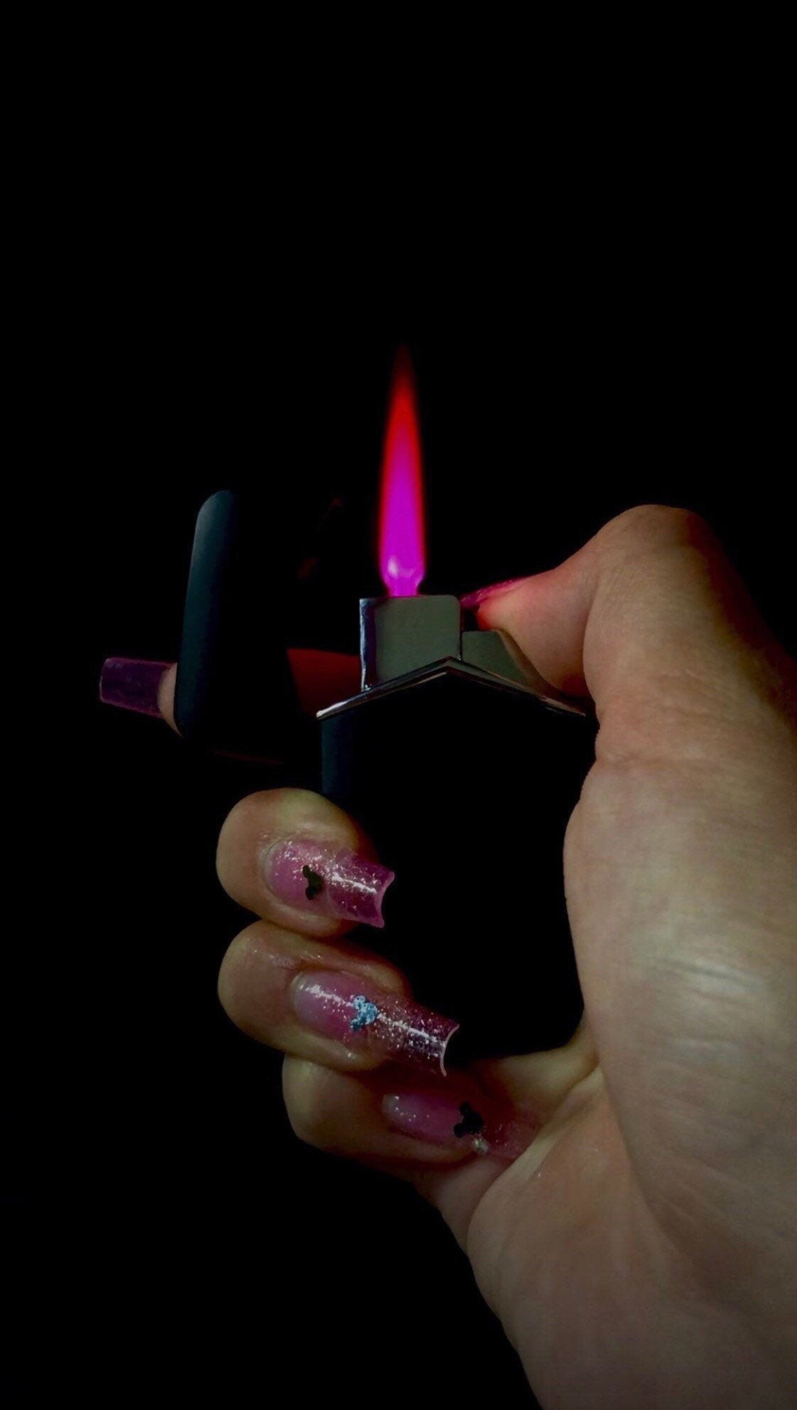 Pink Flame Matte Black Refillable Butane Windproof Lighter Etsy