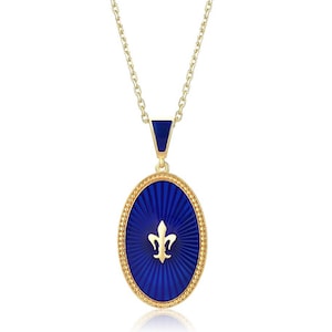 Collier pendentif fleur de lys, pendentif en émail fait main, plaqué or 18 carats sur argent 925
