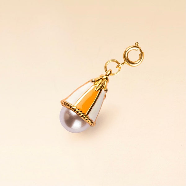 Vintage style Bell flower pearl charm , Orange / White, 18k gold plated, handmade enamel pendant