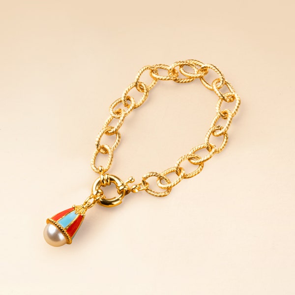 Vintage style Bell flower pearl charm bracelet - Red / Blue, 18k gold plated, handmade enamel pendant