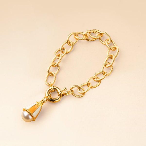 Vintage style Bell flower pearl charm bracelet , Orange / White, 18k gold plated, handmade enamel pendant