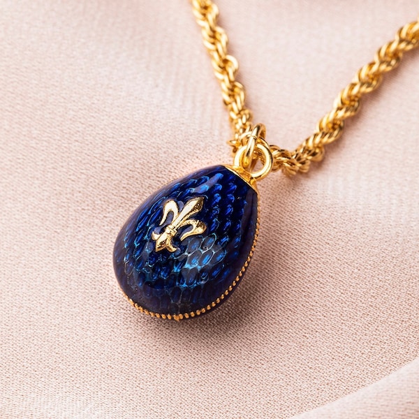 Fleur de lis figured egg charm necklace, handmade enamel pendant, 18k gold plated necklace