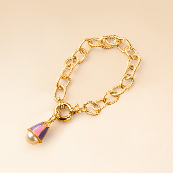 Vintage style Bell flower pearl charm bracelet , Pink / Purple, 18k gold plated, handmade enamel pendant