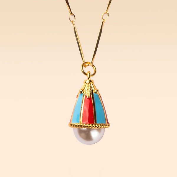 Vintage style Bell flower pearl pendant necklace , Red / Blue, 18k gold plated, handmade enamel charm necklace