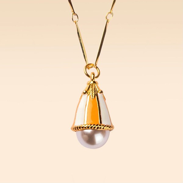 Vintage style Bell flower pearl pendant necklace , Orange / White, 18k gold plated, handmade enamel charm