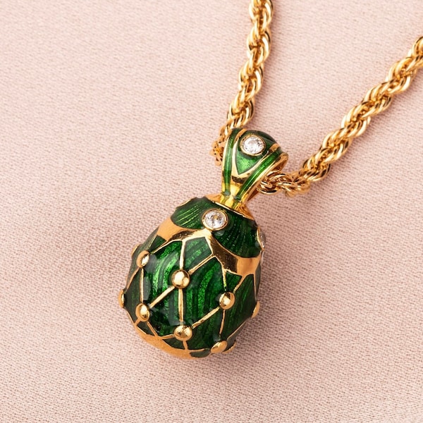 Vintage style Green Faberge egg style pendant necklace, handmade enamel charm, 18k gold plated twist chain