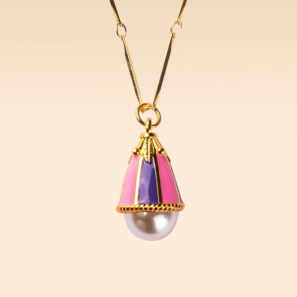 Vintage style Bell flower pearl pendant necklace, Pink / Purple, 18k gold plated, handmade enamel charm