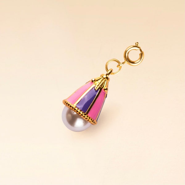 Vintage style Bell flower pearl charm, Pink / Purple, 18k gold plated, handmade enamel pendant