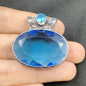 Blue Topaz With Cz Quartz Silver Pendant - Handmade Gemstone Charm, Vintage Silver Collet Pendant, Crystal Beautiful Gemstone Jewelry
