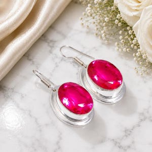 Pendientes colgantes delicados de cuarzo rubí, de plata de ley 925, joyería artesanal de alta calidad, regalo de cumpleaños.