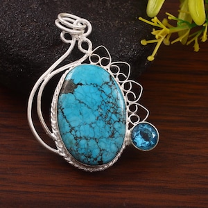 Blue Turquoise Pendant, 925 Sterling Silver Pendant Boho Pendant, Handmade Pendant,  Oval Gemstone Pendant, Turquoise Pendant, Gift For Her