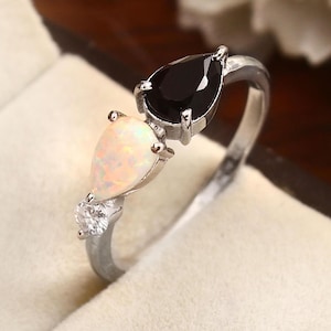 Black Onyx and Opal Ring, Opal and Black Onyx Ring, 925 Sterling Silver Ring For Engagement, Promise Ring For Girlfriend, Gemstone Ring Gift
