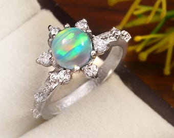 Genuine Blue Opal Ring, Solid 925 Sterling Silver Ring, Fire Blue