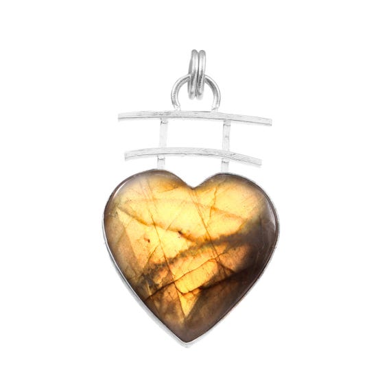 Pendentif Cœur En Labradorite Blanche - Serti Argent 925 - Pierre Naturelle - Chaîne Incluse