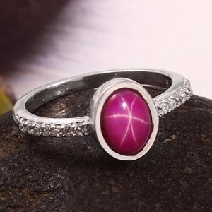 Pink Star Sapphire Ring, 925 Sterling Silver Ring for Women | Lindy Star Wedding Ring Anniversary & Cocktail Ring Silver Ring For Gift