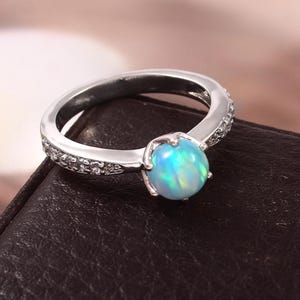 Round Blue Fire Opal Ring Solid 925 Sterling Silver Ring Moissanite Ring Solitaire Ring Minimalist Jewelry Gift for Her Silver Jewelry Gift
