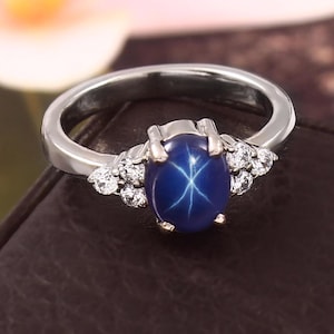 Oval Blue Star Sapphire Ring, 925 Sterling Silver Birthstone Ring