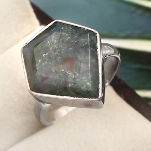 Natural Green Moss Agate Ring For Anniversary Gift For Wife 925 Sterling Silver Moss Agate Jewelry For Engagement, Handmade Minimalist Ring,