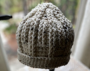 Crocheted Large Hat - Beanie, Bell Shaped, Beige color and brown chip like flakes. L 9 1/2" x W 10", 24" circumference when stretched. Made.