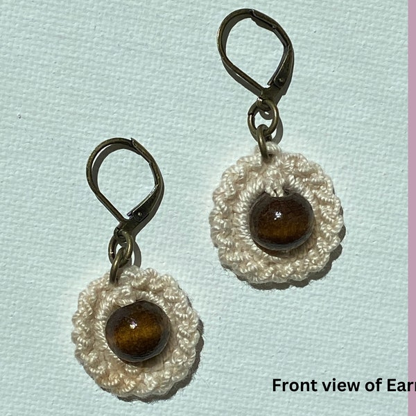 Crocheted Earrings Gift for Mom, a Mother's Day Gift with wooden beads, handmade 1.5" x .75" x .5" with lever back. See bracelet to match!