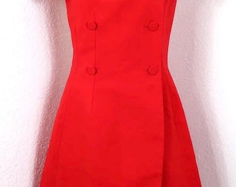 Vintage CHRISTIAN DIOR Skater Double Breasted Button Military Red Wool Dress Small 2 3 4