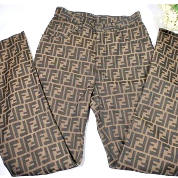 Vintage FENDI 1980s High Waist Monogram Zucca Pants FF Logo Small S 23 24/38 2 3 4