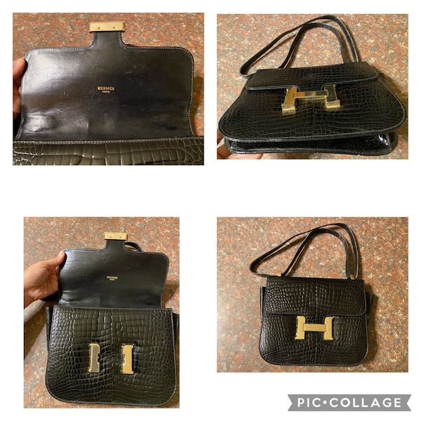 Vintage Antique H Constance Bag Black Crocodile Leather Shoulder Bag