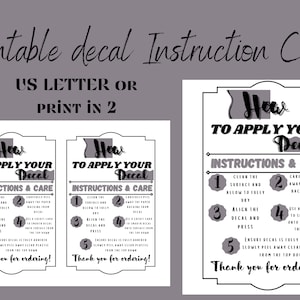 Printable Decal Instruction Card , Decal Application, Decal Instructions and care guide, cut with Cricut, decal business, vinyl instructions