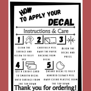 Printable Decal Instruction Card, Comes in US LETTER and A4 Document, Decal Application, Decal Instructions and care guide,