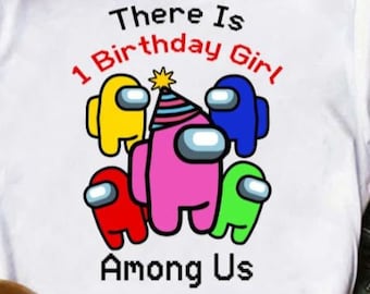 There is a birthday Among Us party hat and balloon shirt