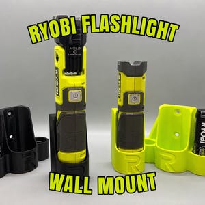 May include: A Ryobi flashlight wall mount set featuring two plastic holders in black and neon yellow. The black mount holds a Ryobi flashlight and a battery, while the neon yellow mount holds a flashlight and a battery. Text reads RYOBI FLASHLIGHT WALL MOUNT.