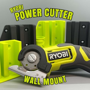 May include: A Ryobi power cutter tool positioned in front of several lime green and black plastic wall mounts. The text RYOBI POWER CUTTER WALL MOUNT is displayed in yellow letters over the image of the tool and the mounting brackets.