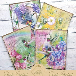 Vintage hummingbird instant printable papers for junk journal, collage, scrapbook, aged papers, shabby chic