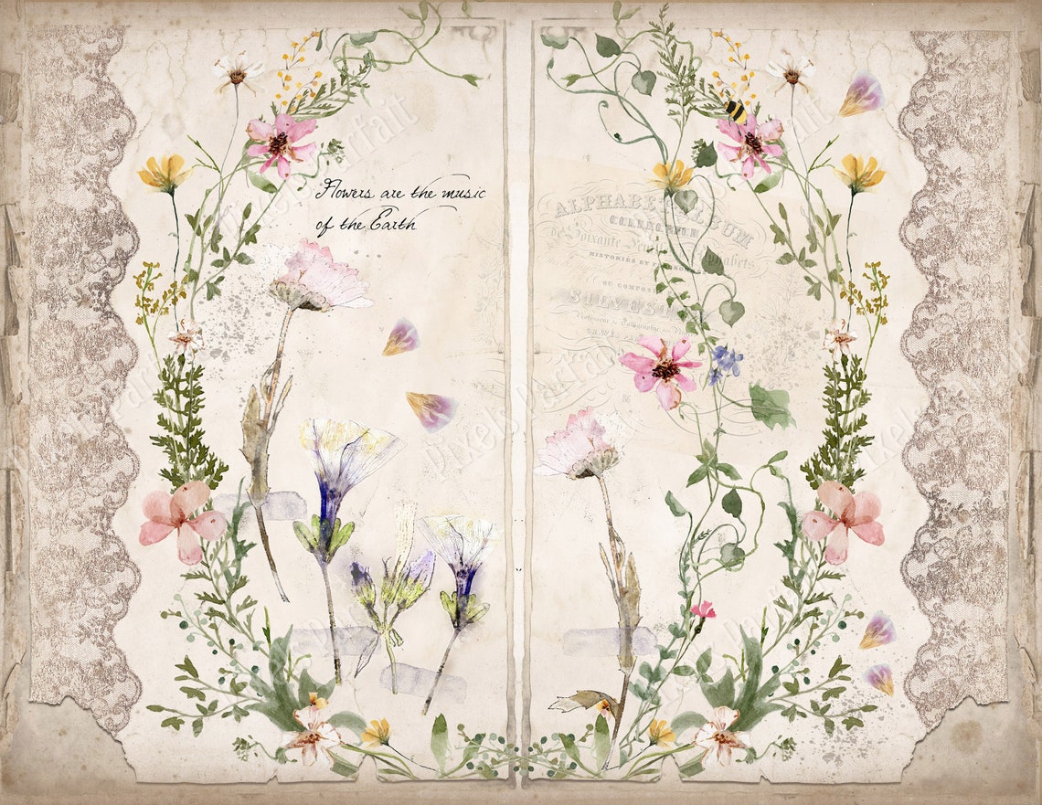 Vintage Flower Digital Junk Journal Kit, PRESSED FLOWERS, Shabby Chic
