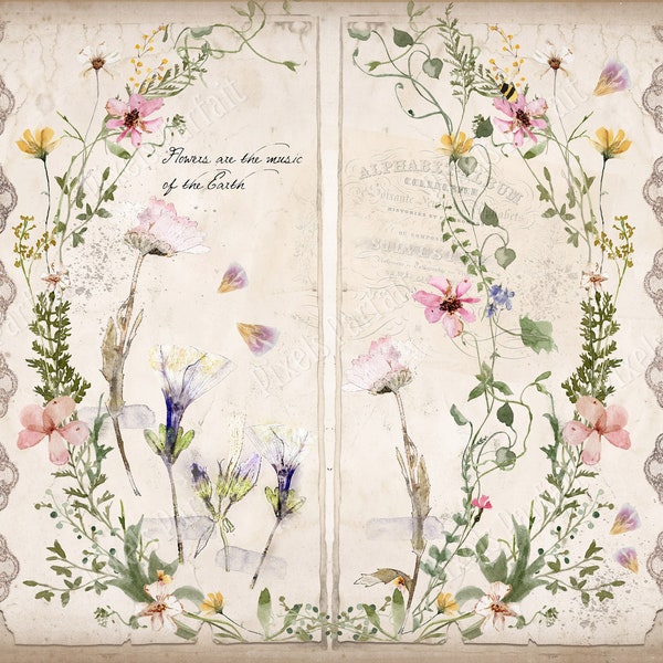 Vintage flower digital junk journal kit, PRESSED FLOWERS, shabby chic, romantic papers for journaling, scrapbooking or collage