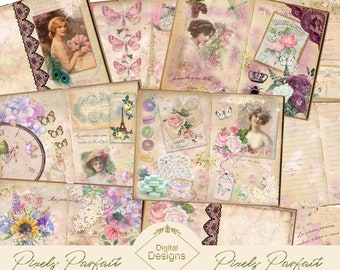 Junk journal kit, VINTAGE PARIS DIARY shabby chic printable papers, scrapbooking, collage, embellishment