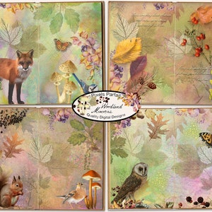 Conjunto de diario basura digital Tema de otoño con plantas y animales del bosque RECUERDOS DEL BOSQUE, para álbumes de recortes, diarios y collage