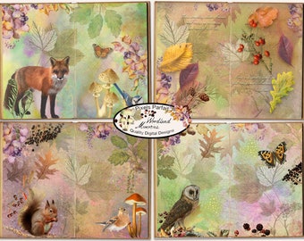 Digital junk journal set Fall Autumn theme with woodland plants and animals WOODLAND MEMORIES, for scrapbooking, journalling and collage